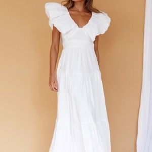 Selfie Leslie KAHLO PUFFED RUFFLE NECKLINE MAXI DRESS WHITE